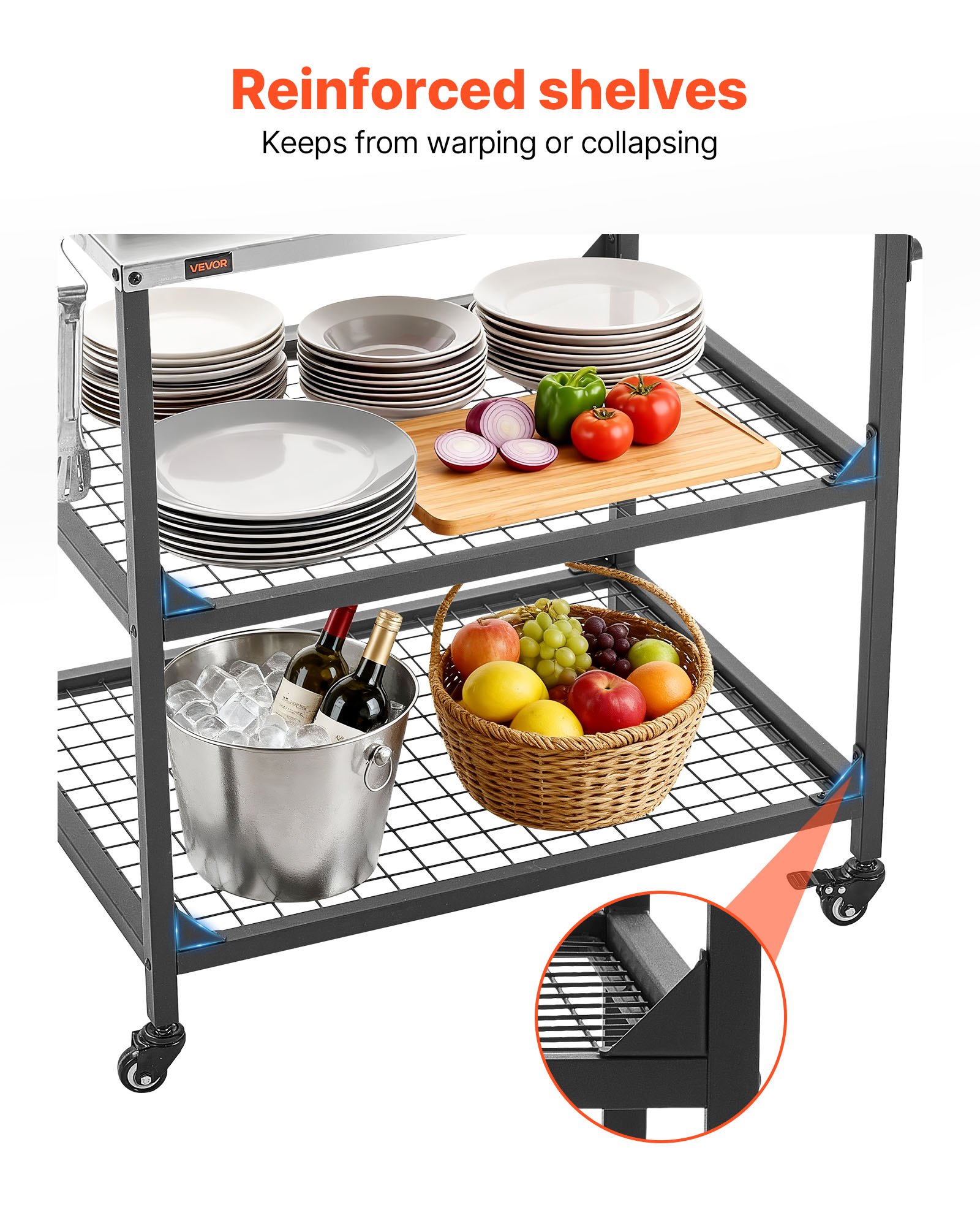 VEVOR Carro de Barbacoa para Exterior 800 x 610 mm, Superficie de Acero Inoxidable, Mesa de Barbacoa con 4 Ruedas, 2 Estantes de Malla y Asa Lateral, Mesa Auxiliar para Jardín, Picnic, Cocina, Patio