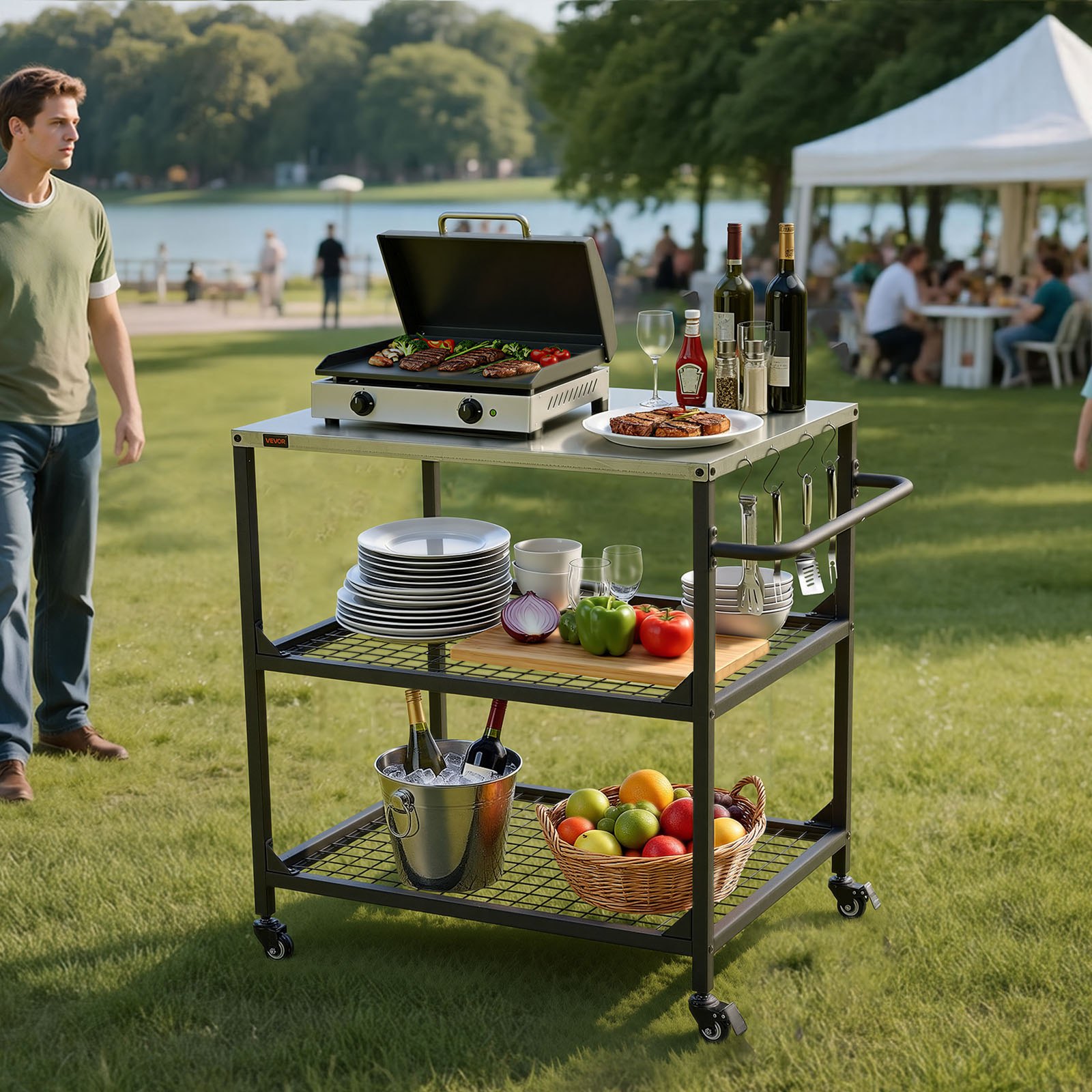 VEVOR Carro de Barbacoa para Exterior 800 x 610 mm, Superficie de Acero Inoxidable, Mesa de Barbacoa con 4 Ruedas, 2 Estantes de Malla y Asa Lateral, Mesa Auxiliar para Jardín, Picnic, Cocina, Patio