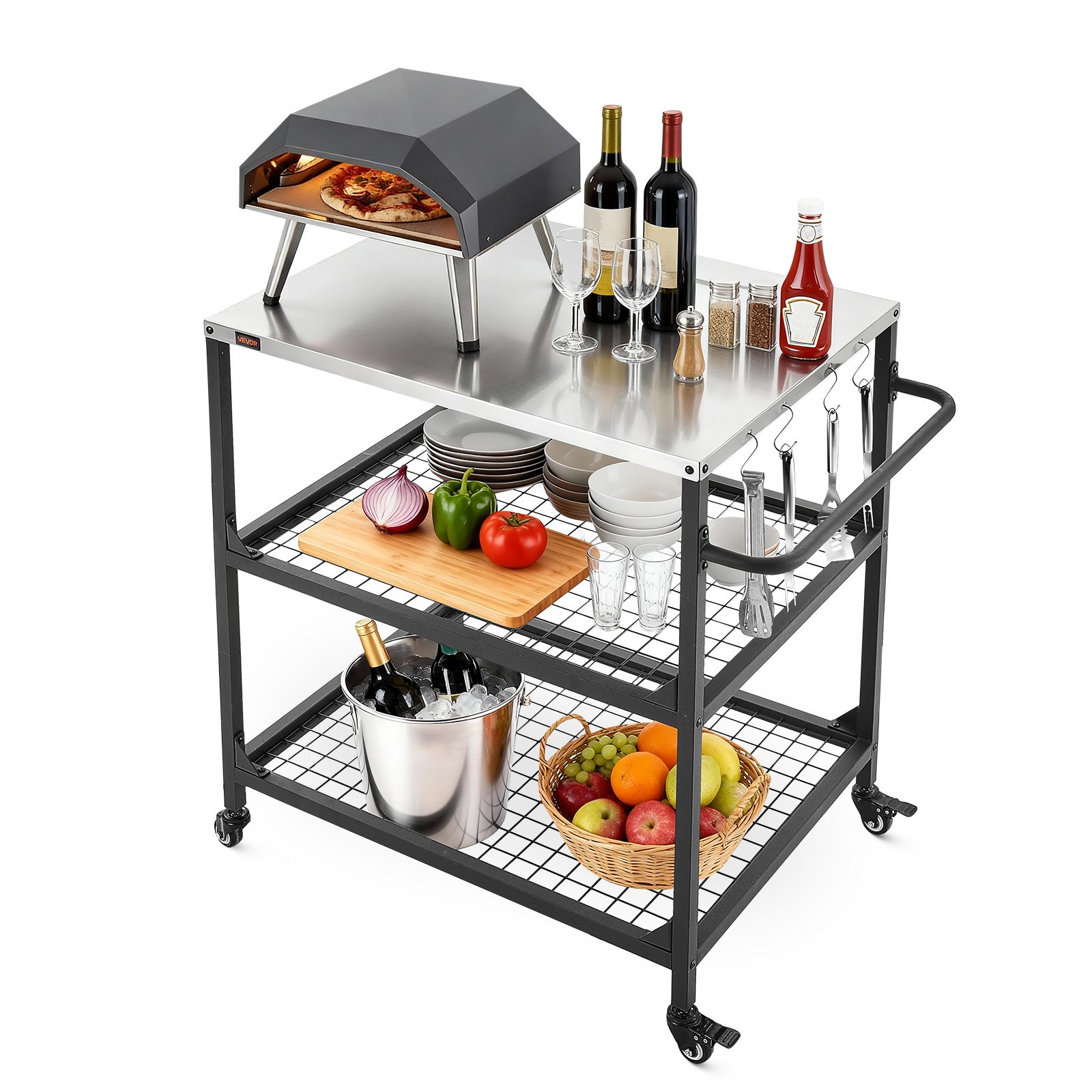 VEVOR Carro de Barbacoa para Exterior 800 x 610 mm, Superficie de Acero Inoxidable, Mesa de Barbacoa con 4 Ruedas, 2 Estantes de Malla y Asa Lateral, Mesa Auxiliar para Jardín, Picnic, Cocina, Patio