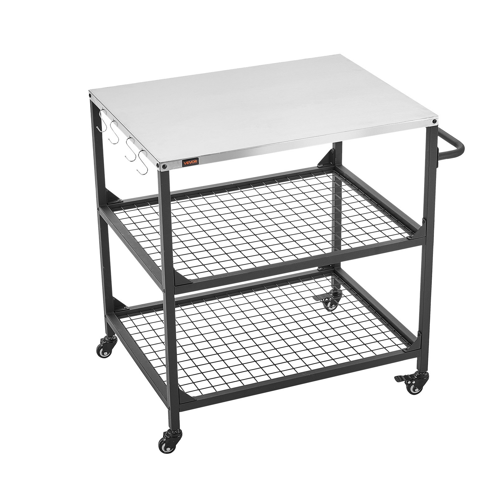 VEVOR Carro de Barbacoa para Exterior 800 x 610 mm, Superficie de Acero Inoxidable, Mesa de Barbacoa con 4 Ruedas, 2 Estantes de Malla y Asa Lateral, Mesa Auxiliar para Jardín, Picnic, Cocina, Patio
