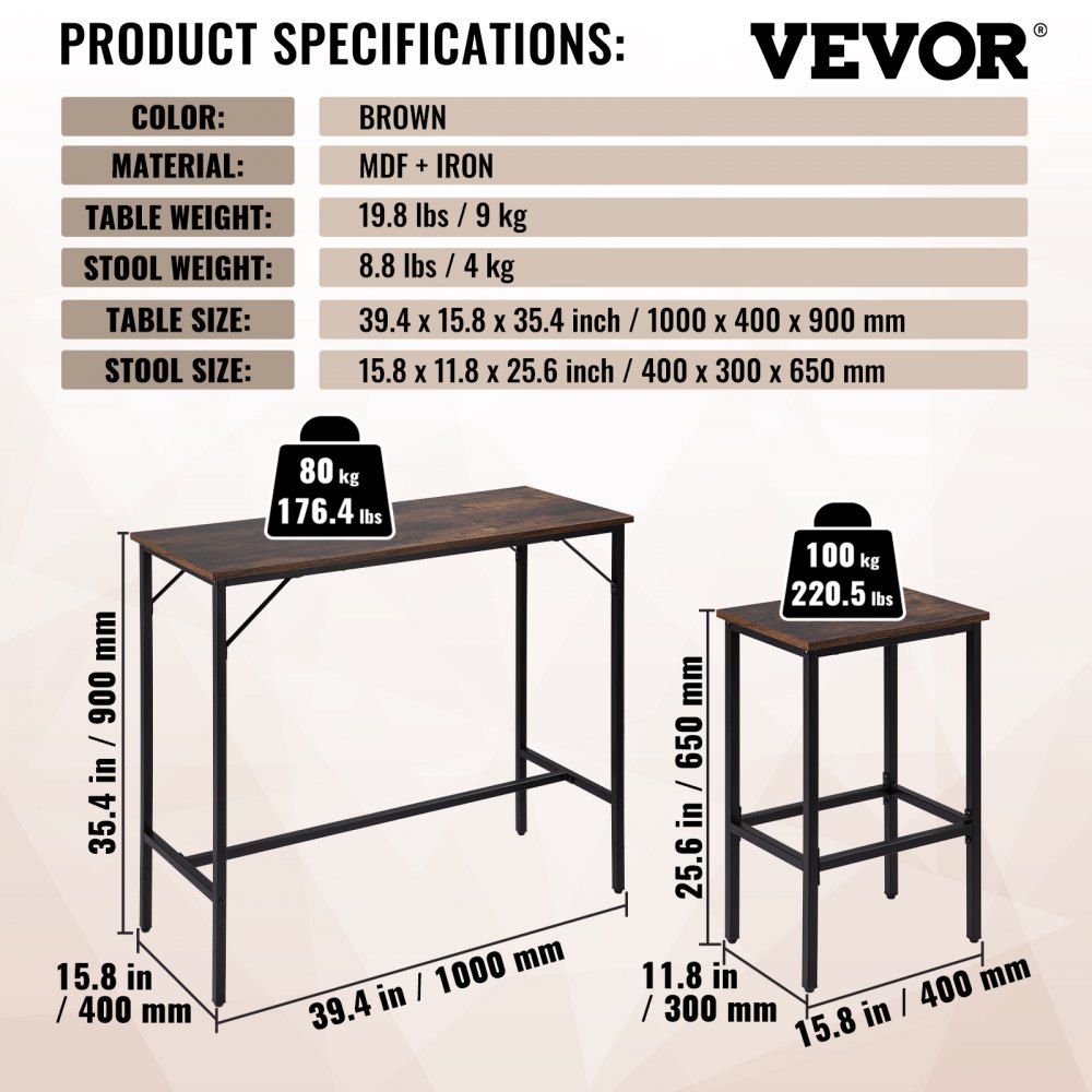 VEVOR Juego de Mesa Auxiliar y Taburetes 3 Piezas Material de Madera y Hierro, Mesa de Bar de Cocina y 2 Taburetes 40 x 30 x 65 cm Juego de Mesa de Bar Ahorro de Espacio y Estilo Rústico para Bares