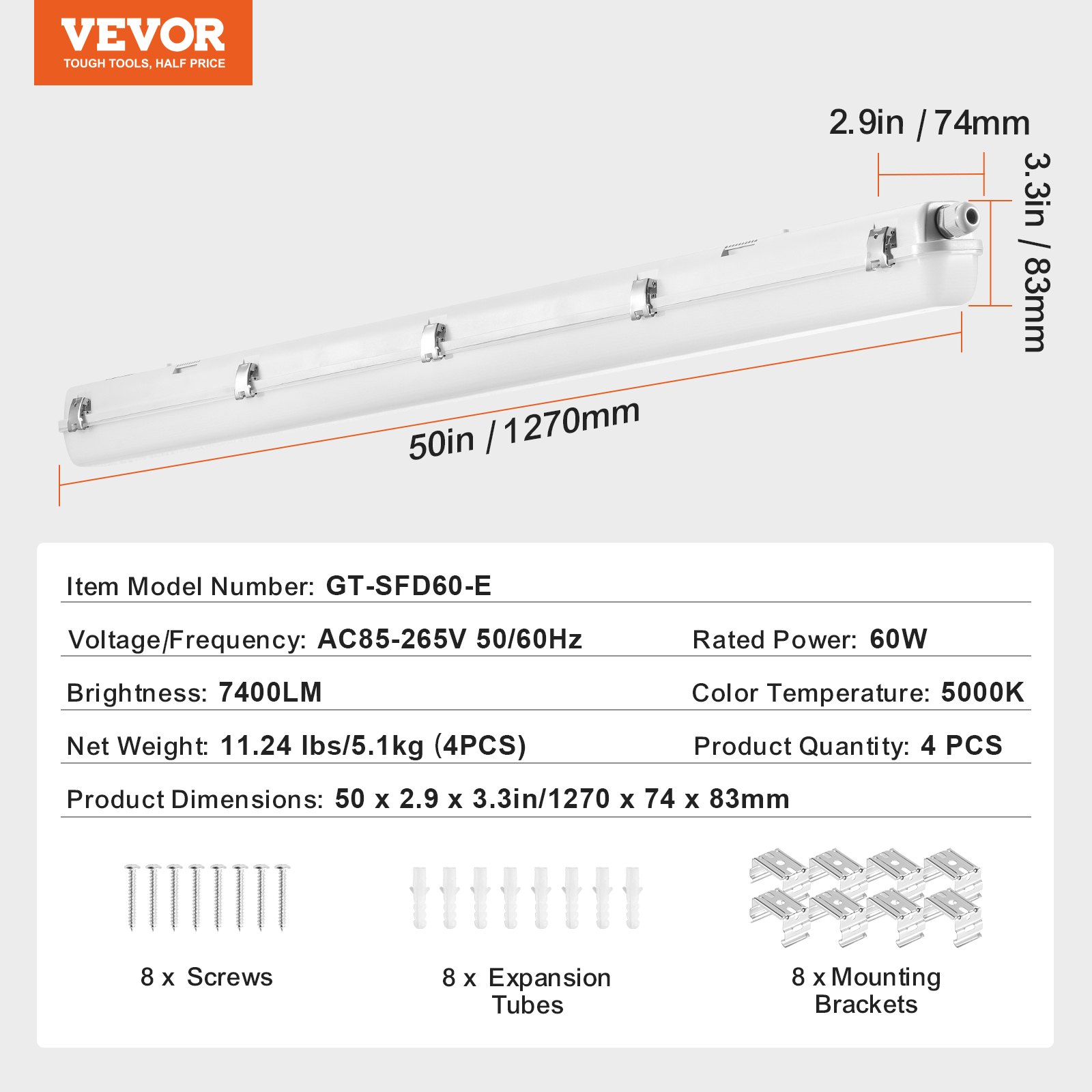 VEVOR 4FT LED Vapor-Proof Light, 60W, 7400lm, Vapor-Proof Luminaire with 5000K, IP65 Waterproof, for Outdoor Use, Semi-Open Cold Environments, Parking Lots, Warehouses, Walk-In Freezers, Car Washes, 4-Pack