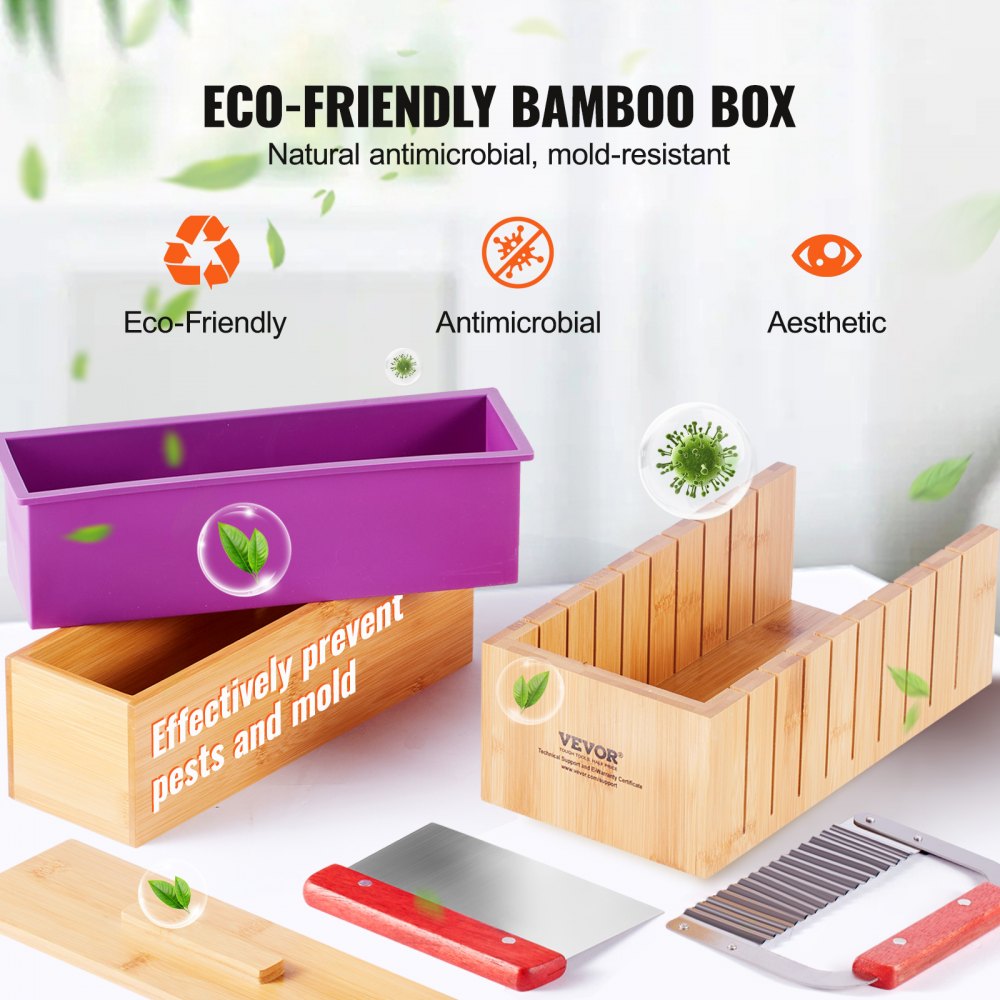 VEVOR Kit para Hacer Jabón, Caja de Corte de Bambú y Caja Interior con Molde de Silicona, Cortador Recto de Acero Inoxidable y Cortador Ondulado, Suministros para Hacer Jabón Queso Vela Bricolaje
