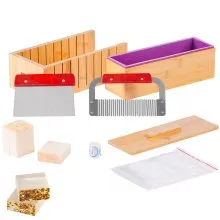 VEVOR Kit para Hacer Jabón, Caja de Corte de Bambú y Caja Interior con Molde de Silicona, Cortador Recto de Acero Inoxidable y Cortador Ondulado, Suministros para Hacer Jabón Queso Vela Bricolaje