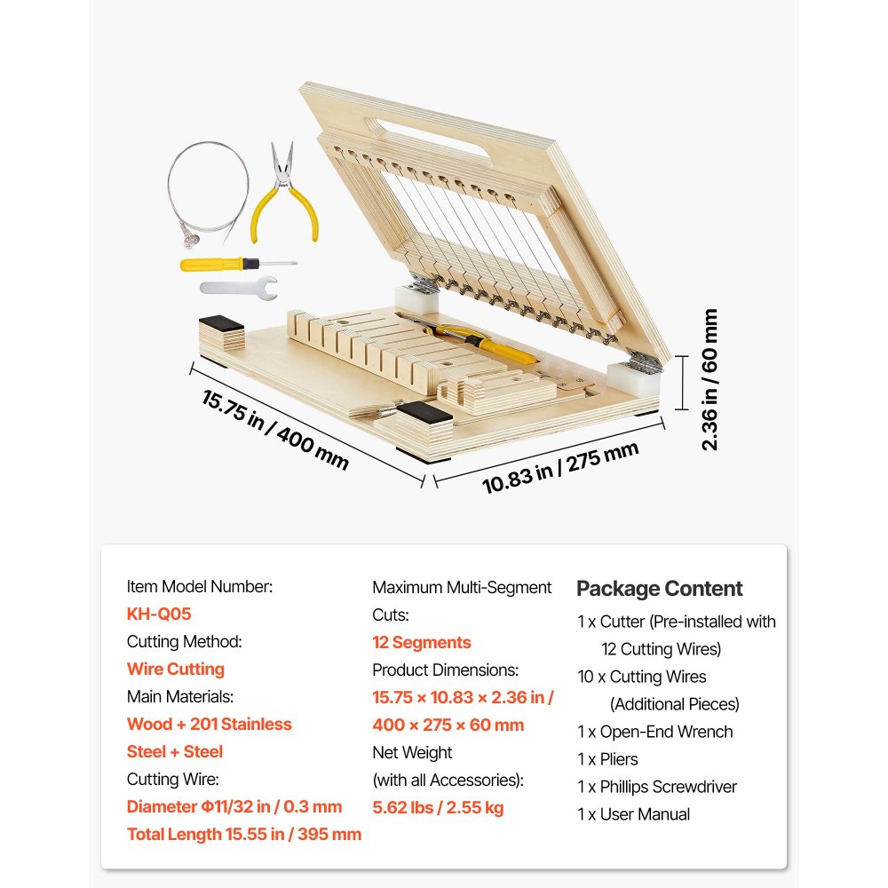 VEVOR Cortador de Jabón 2 en 1, para 1-12 Barras de 2,5 cm de Grosor, con Marco de Madera Natural y Alambres Adicionales, Herramienta para Cortar Jabón Hecho a Mano para Velas, 400 x 275 x 60 mm