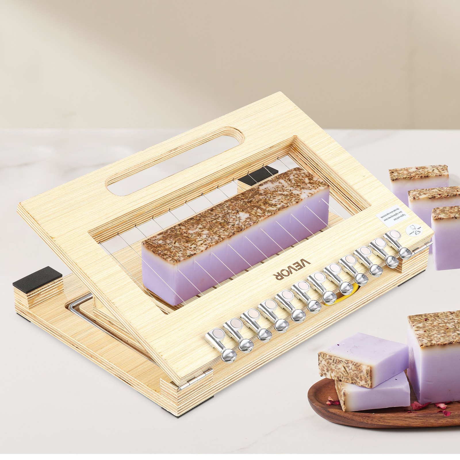 VEVOR Cortador de Jabón 2 en 1, para 1-12 Barras de 2,5 cm de Grosor, con Marco de Madera Natural y Alambres Adicionales, Herramienta para Cortar Jabón Hecho a Mano para Velas, 400 x 275 x 60 mm