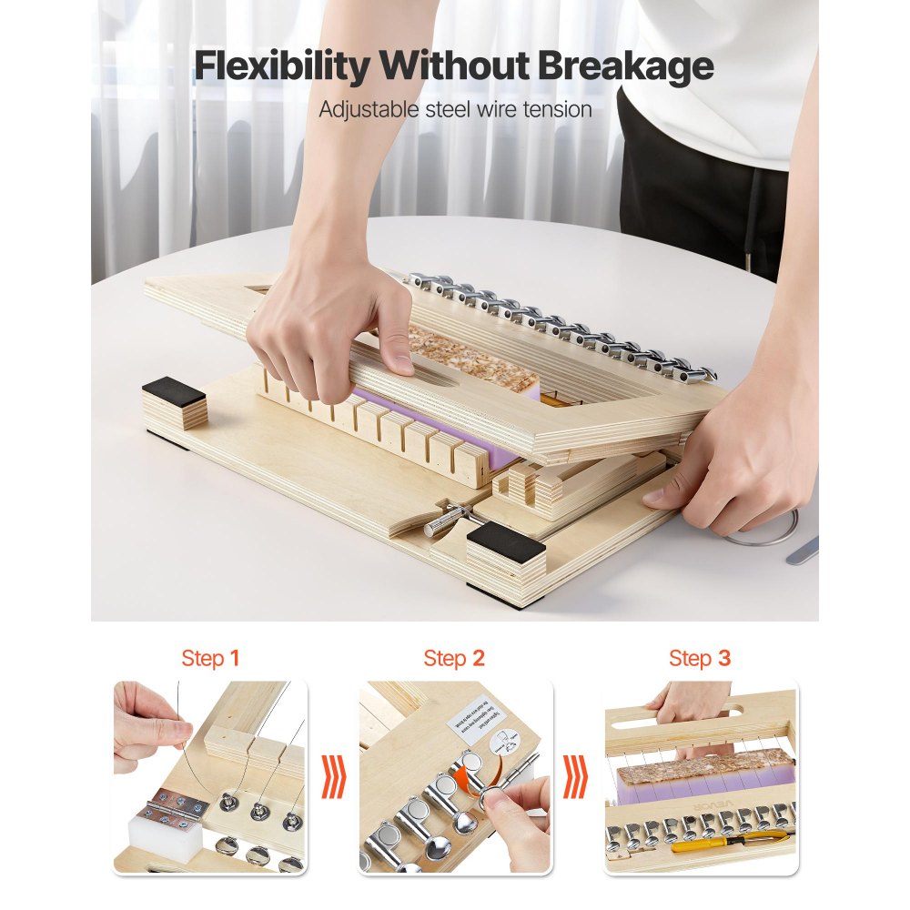 VEVOR Cortador de Jabón Multifuncional, Rebanador de Jabón de 12 Trozos, Alambre de Acero Inoxidable, Tensión Ajustable, Marco de Madera, Herramienta de Corte Manual para Bricolaje Regalo Artesanal