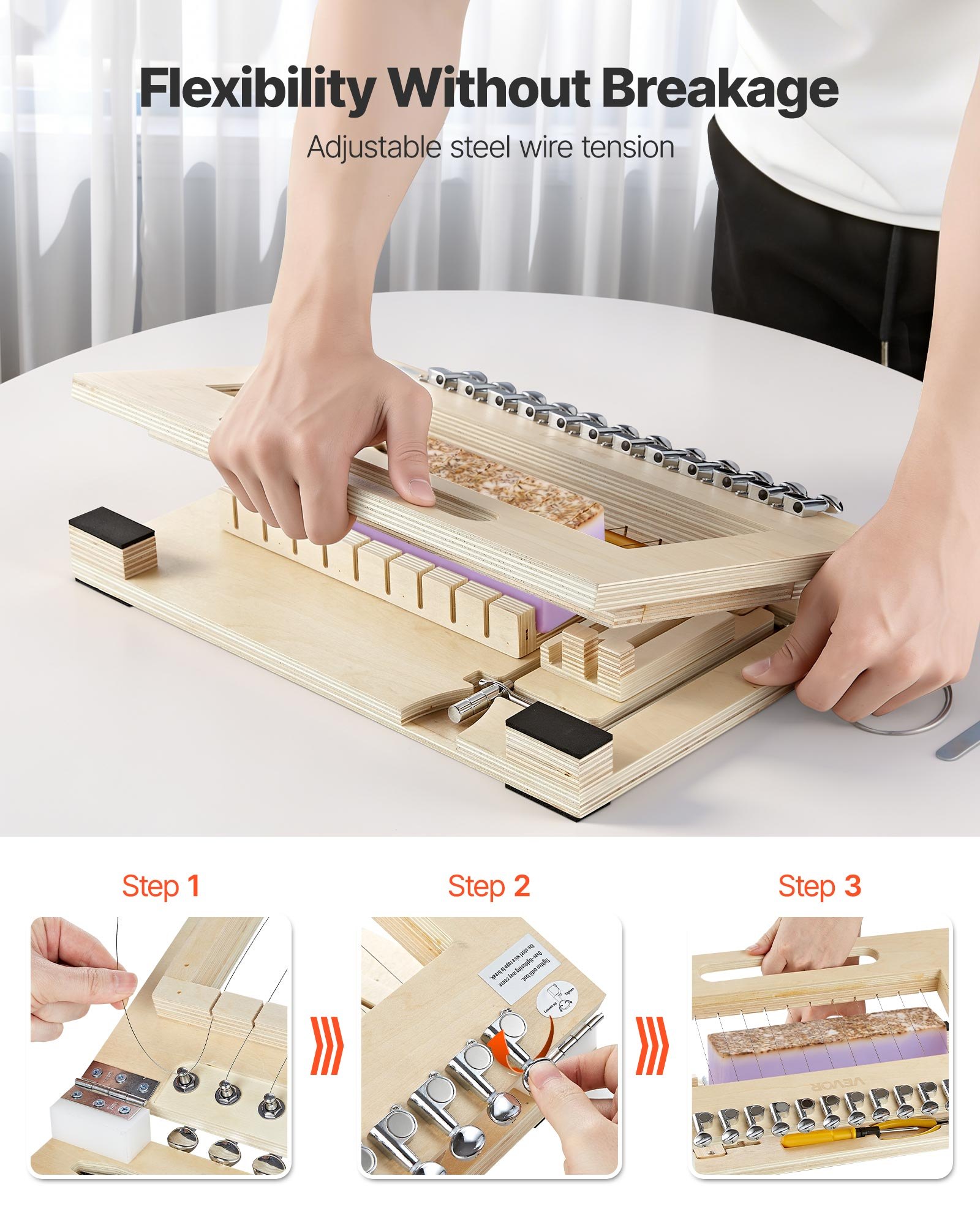 VEVOR Cortador de Jabón Multifuncional, Rebanador de Jabón de 12 Trozos, Alambre de Acero Inoxidable, Tensión Ajustable, Marco de Madera, Herramienta de Corte Manual para Bricolaje Regalo Artesanal