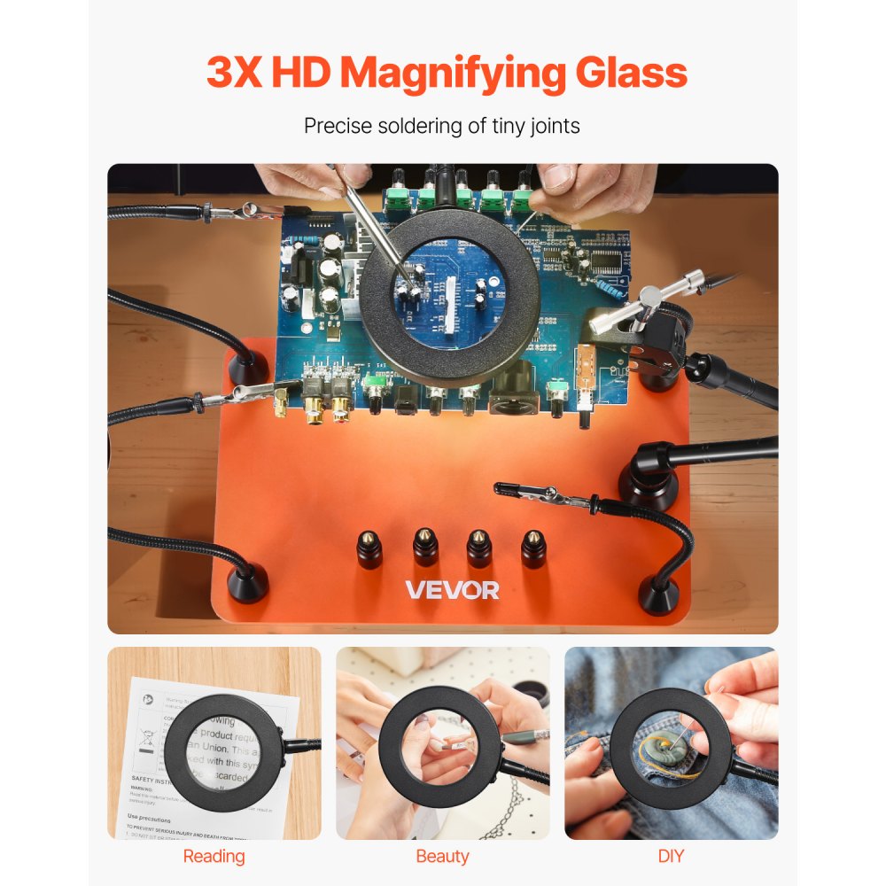 VEVOR Estación de Soldadura Magnética de Tercera Mano con Lámpara de Aumento LED 3X, 4 Soportes para PCB y Pistola de Aire Caliente de 360 Grados, para Reparaciones Electrónicas, Manualidades