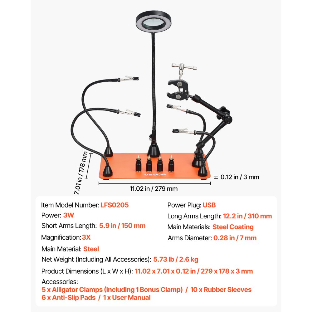 VEVOR Estación de Soldadura Magnética de Tercera Mano con Lámpara de Aumento LED 3X, 4 Soportes para PCB y Pistola de Aire Caliente de 360 Grados, para Reparaciones Electrónicas, Manualidades