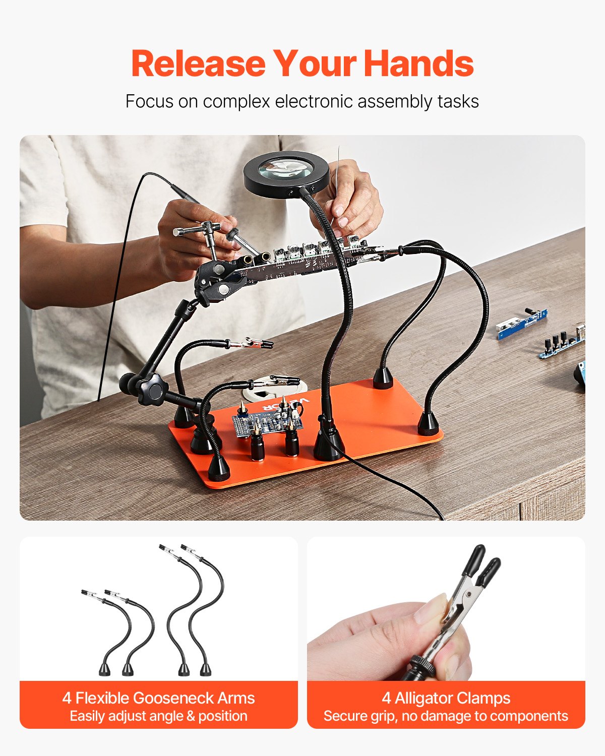 VEVOR Estación de Soldadura Magnética de Tercera Mano con Lámpara de Aumento LED 3X, 4 Soportes para PCB y Pistola de Aire Caliente de 360 Grados, para Reparaciones Electrónicas, Manualidades