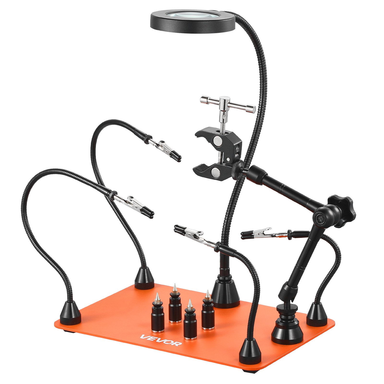 VEVOR Estación de Soldadura Magnética de Tercera Mano con Lámpara de Aumento LED 3X, 4 Soportes para PCB y Pistola de Aire Caliente de 360 Grados, para Reparaciones Electrónicas, Manualidades