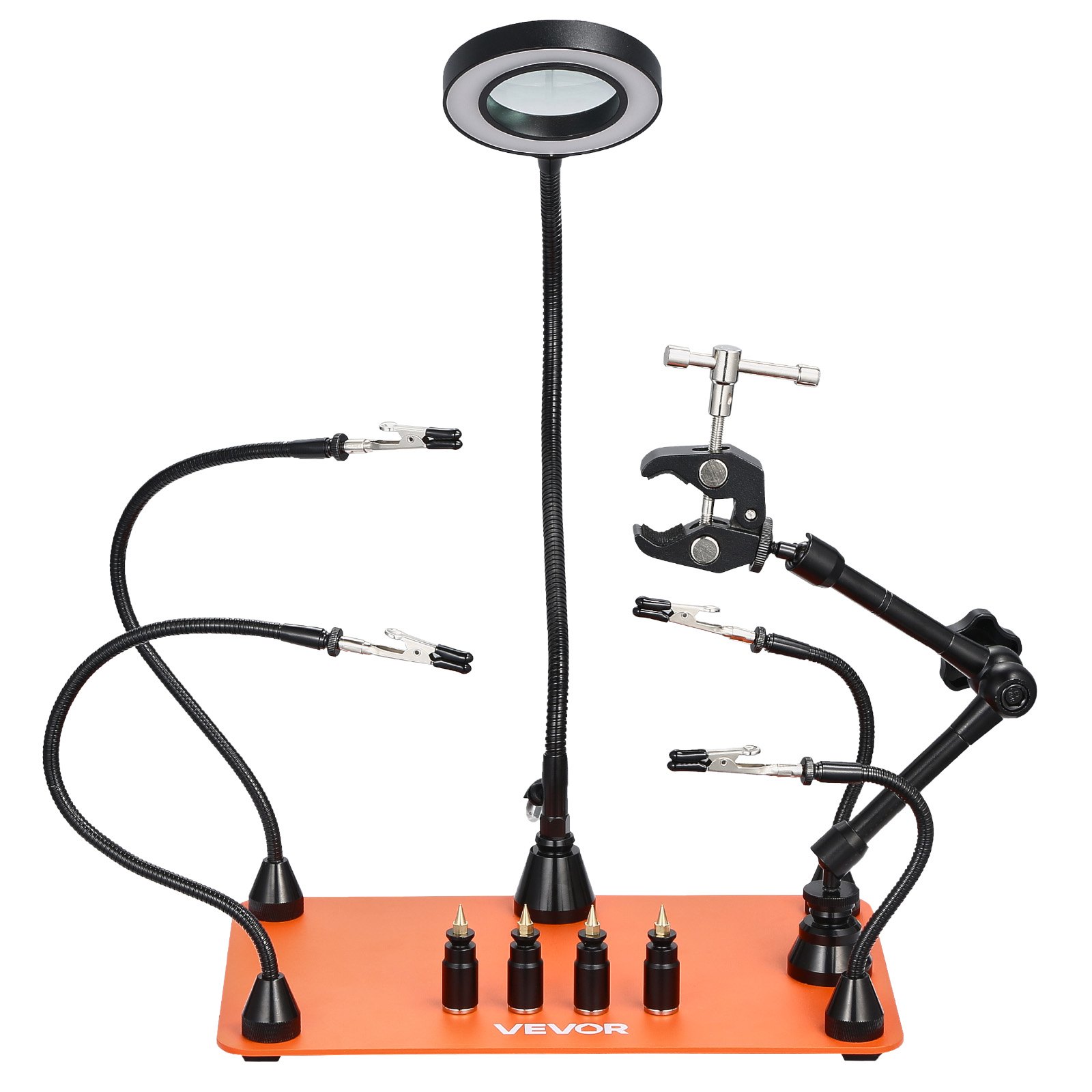 VEVOR Estación de Soldadura Magnética de Tercera Mano con Lámpara de Aumento LED 3X, 4 Soportes para PCB y Pistola de Aire Caliente de 360 Grados, para Reparaciones Electrónicas, Manualidades
