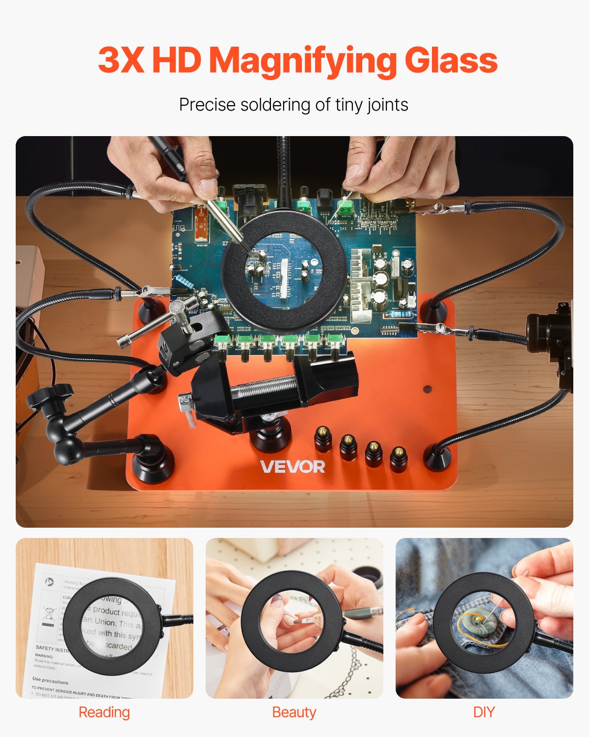 VEVOR Magnetic Helping Hands Soldering Station, 4 Arms Third Hand Tool, with Vise, 3X LED Magnifying Lamp, 4 PCB Holder & 360 Hot Air Gun Holder, Soldering Helper for Electronic Repair Craft Hobby DIY