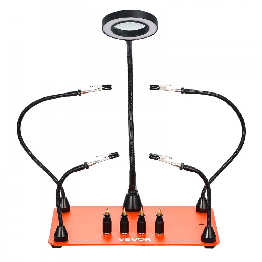 VEVOR Estación de Soldadura Magnética Tercera Mano con 4 Brazos Flexibles, Lupa LED 3X, Soporte a 4 Placas de Circuito Impreso y Base Resistente, para Reparaciones Electrónicas, 279 x 178 x 3 mm