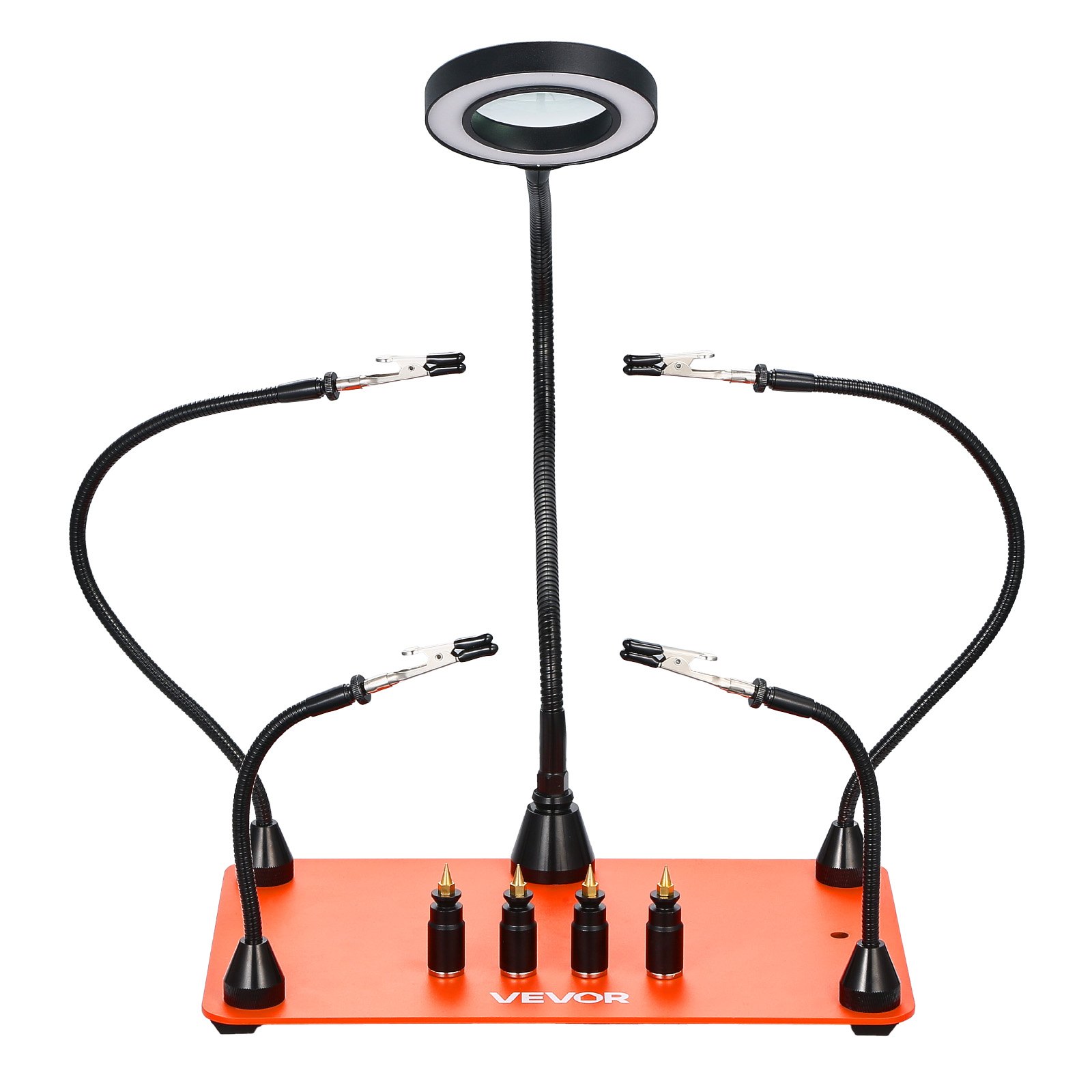 VEVOR Estación de Soldadura Magnética Tercera Mano con 4 Brazos Flexibles, Lupa LED 3X, Soporte a 4 Placas de Circuito Impreso y Base Resistente, para Reparaciones Electrónicas, 279 x 178 x 3 mm