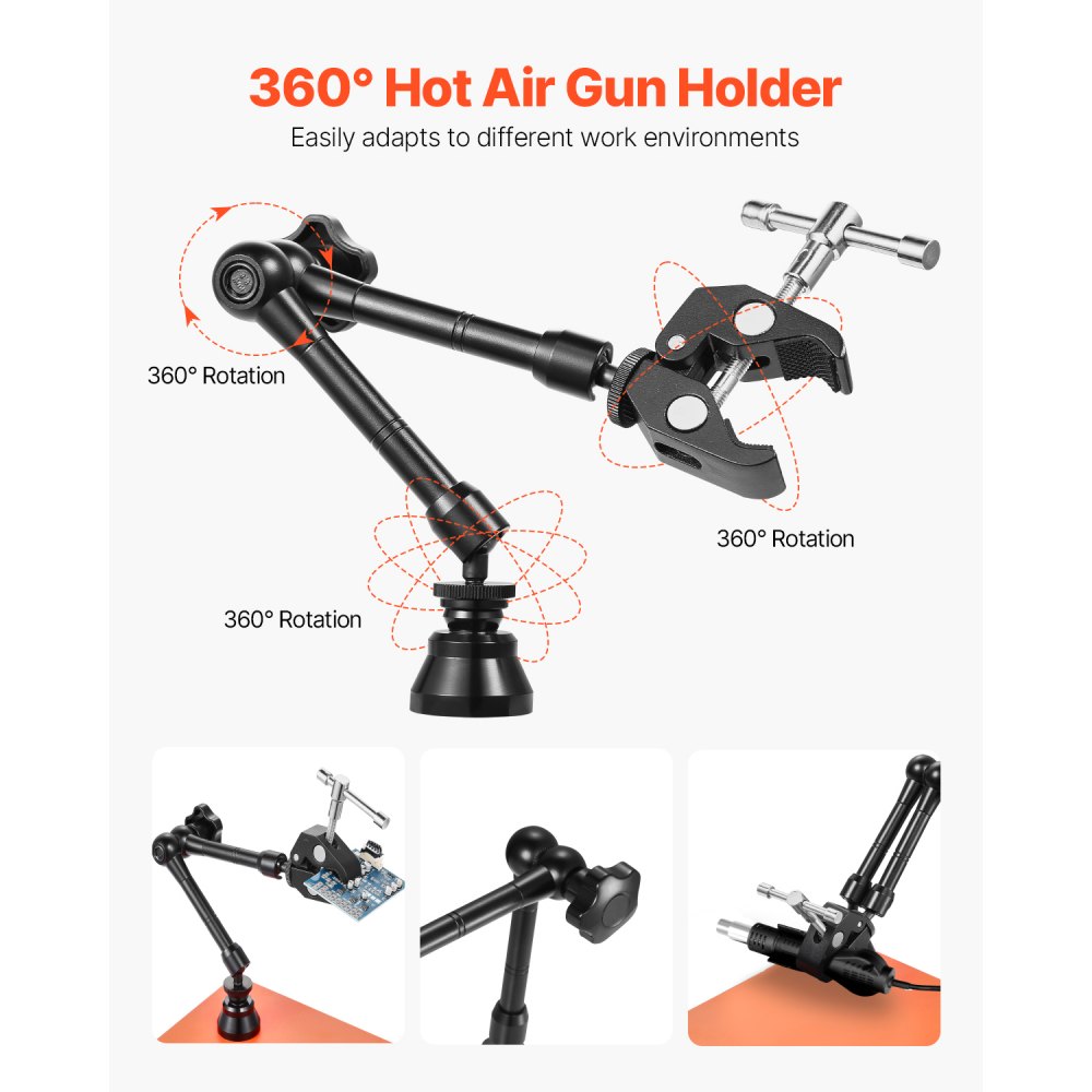 VEVOR Estación de Soldadura Magnética Tercera Mano con 4 Brazos Flexibles, 6 Soportes para Pilares de PCB y Pistola de Aire Caliente de 360 Grados, Base para Trabajos de Reparación Electrónica
