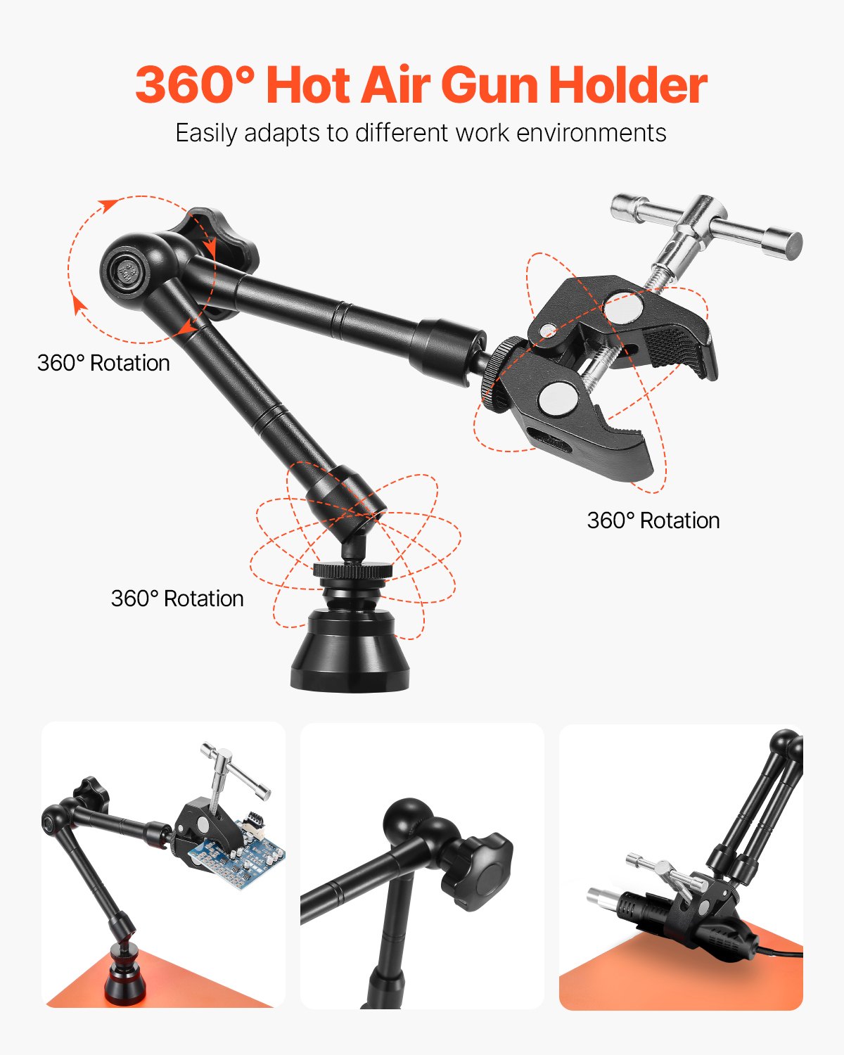 VEVOR Estación de Soldadura Magnética Tercera Mano con 4 Brazos Flexibles, 6 Soportes para Pilares de PCB y Pistola de Aire Caliente de 360 Grados, Base para Trabajos de Reparación Electrónica