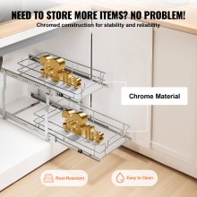 VEVOR Organizador de Gabinete Extraíble 305x533x381 mm Estantes de Despensa Deslizables de Alta Resistencia, de Acero Cromado para Gabinete de Cocina Baño, Tamaño de Instalación 343x558x457 mm