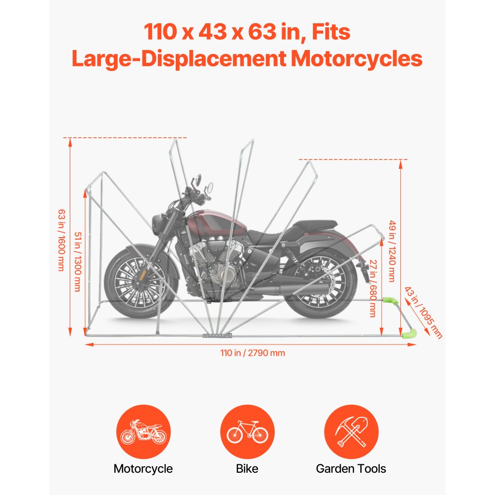 VEVOR Refugio para Motocicleta con Cerradura de Seguridad, Carpa Abatible Oxford 600D, Resistente a la Intemperie y al Desgarro, con Ventanas de Ventilación, 2790 x 1095 x 1600 mm, Color Negro