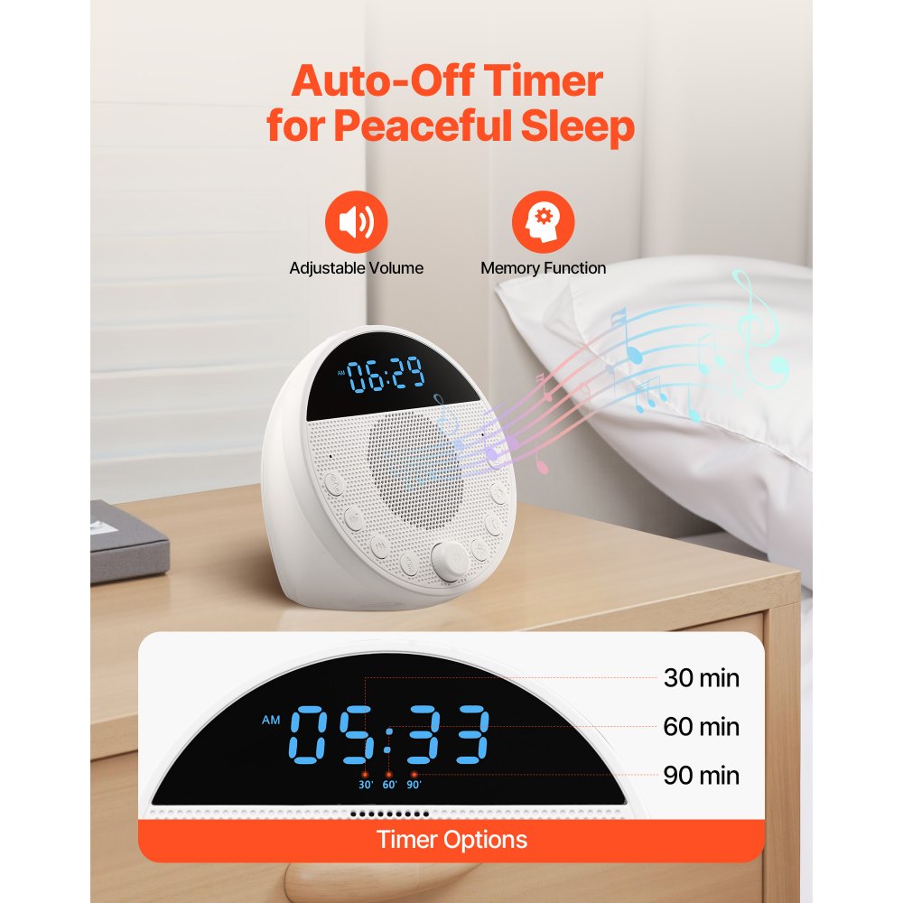 VEVOR Máquina de Ruido Blanco 5 en 1, 18 Pistas de Música y Luz Nocturna de 7 Colores, 2 Alarmas, Apagado Automático y Función de Memoria, Temporizador de 30/60/90 Minutos, 109 x 85 x 104 mm