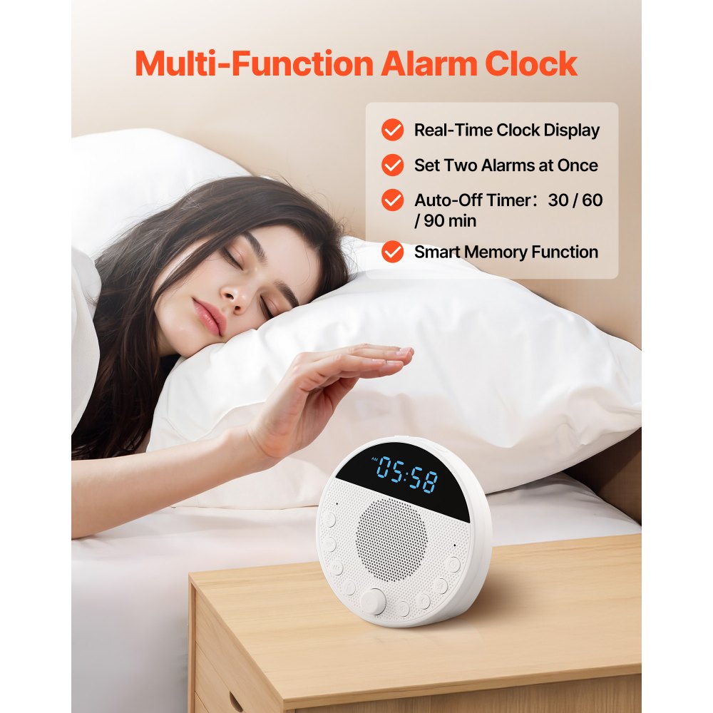 VEVOR Máquina de Ruido Blanco 6 en 1, 18 Efectos de Sonido, Luz Nocturna de 7 Colores, con Dos Alarmas, Aplicación, Temporizador de Apagado Automático y Función de Memoria, 109 x 85 x 104 mm