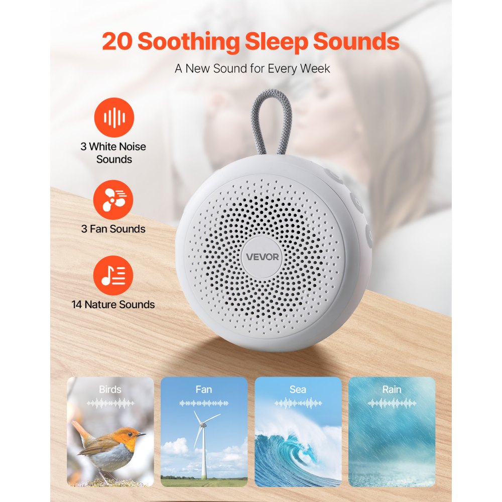 VEVOR Sound Machine, 20 Soothing Sleep Sounds, 4-in-1 Hangable White Noise Sound Machine with Auto-Off Timer, Soft Ring Light, Memory Function and Child Lock, for Baby, Adults, Home, Office & Travel