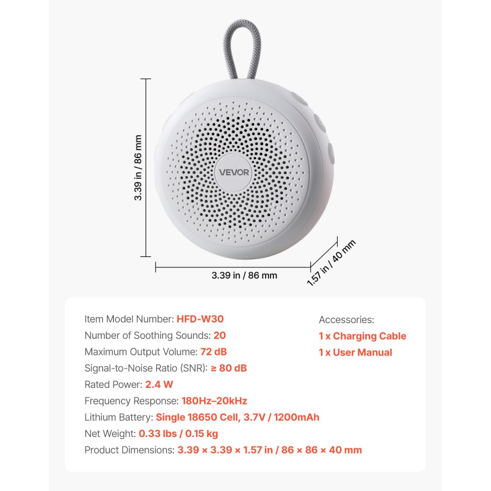 VEVOR Sound Machine, 20 Soothing Sleep Sounds, 4-in-1 Hangable White Noise Sound Machine with Auto-Off Timer, Soft Ring Light, Memory Function and Child Lock, for Baby, Adults, Home, Office & Travel