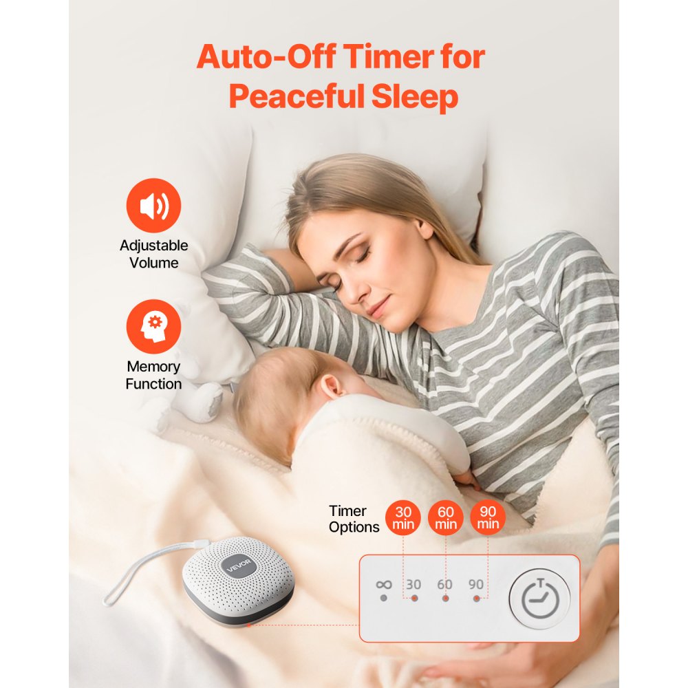 VEVOR Sound Machine, 21 Soothing Sleep Sounds, 3-in-1 Portable and Hangable White Noise Sound Machine with Auto-Off Timer, Soft Ring Light and Memory Function, for Baby, Adults, Home, Office & Travel