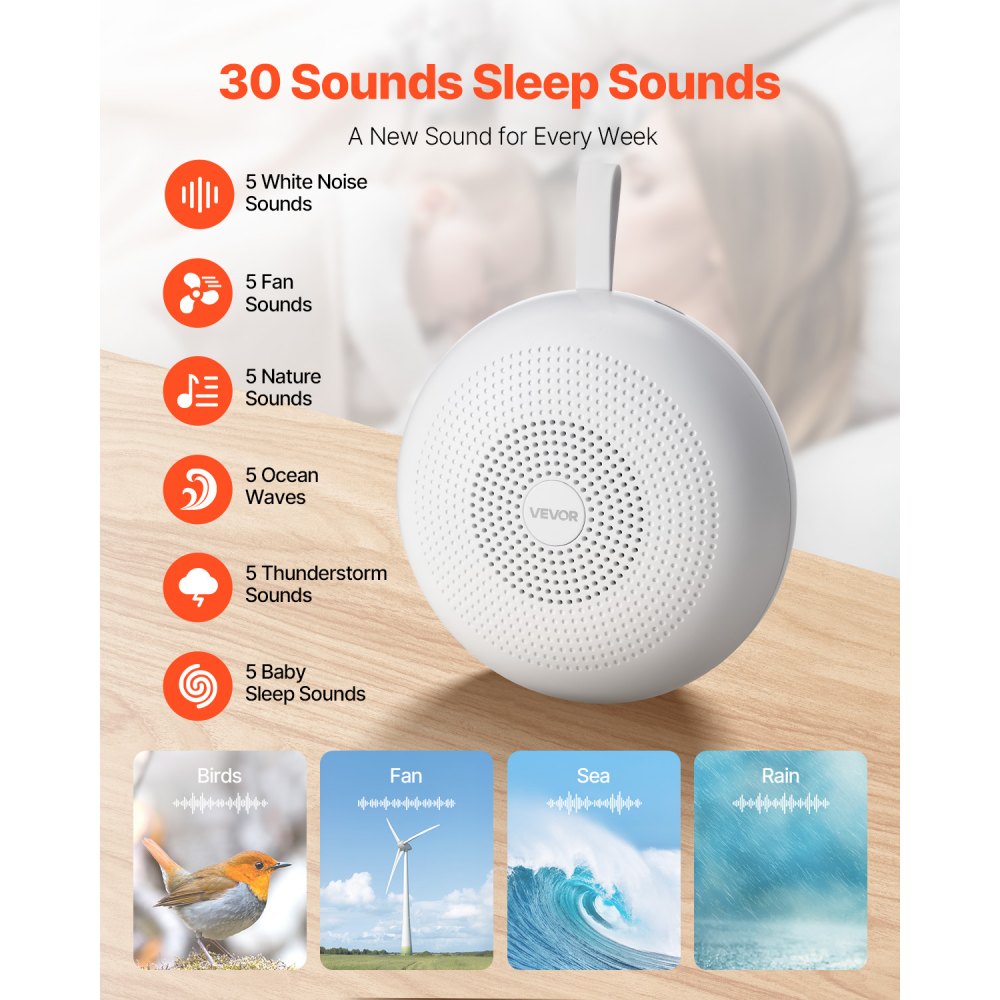VEVOR Máquina de Ruido Blanco 3 en 1, 30 Pistas de Música, Apagado Automático, Luz de Anillo Suave y Función de Memoria, Generador de Ruido, Temporizador de 30/60/90 Minutos, 133 x 97 x 44 mm