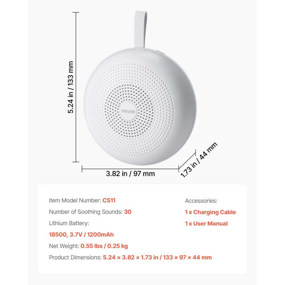 VEVOR Máquina de Ruido Blanco 3 en 1, 30 Pistas de Música, Apagado Automático, Luz de Anillo Suave y Función de Memoria, Generador de Ruido, Temporizador de 30/60/90 Minutos, 133 x 97 x 44 mm