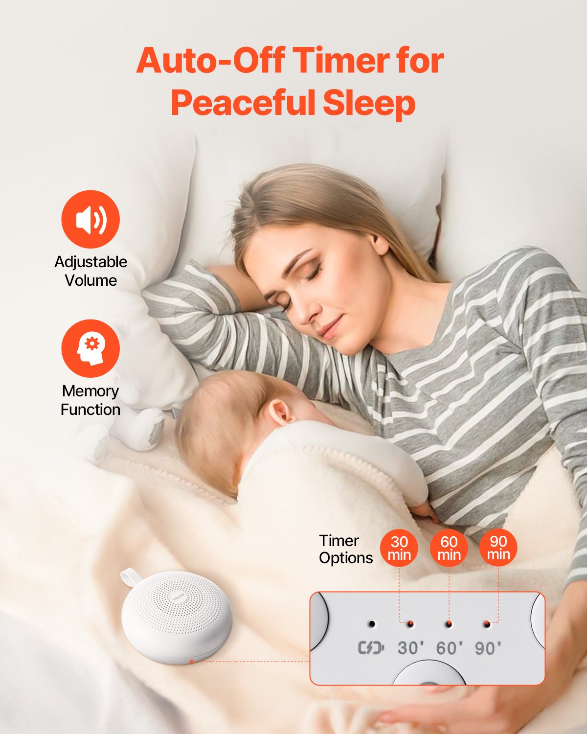VEVOR Máquina de Ruido Blanco 3 en 1, 30 Pistas de Música, Apagado Automático, Luz de Anillo Suave y Función de Memoria, Generador de Ruido, Temporizador de 30/60/90 Minutos, 133 x 97 x 44 mm