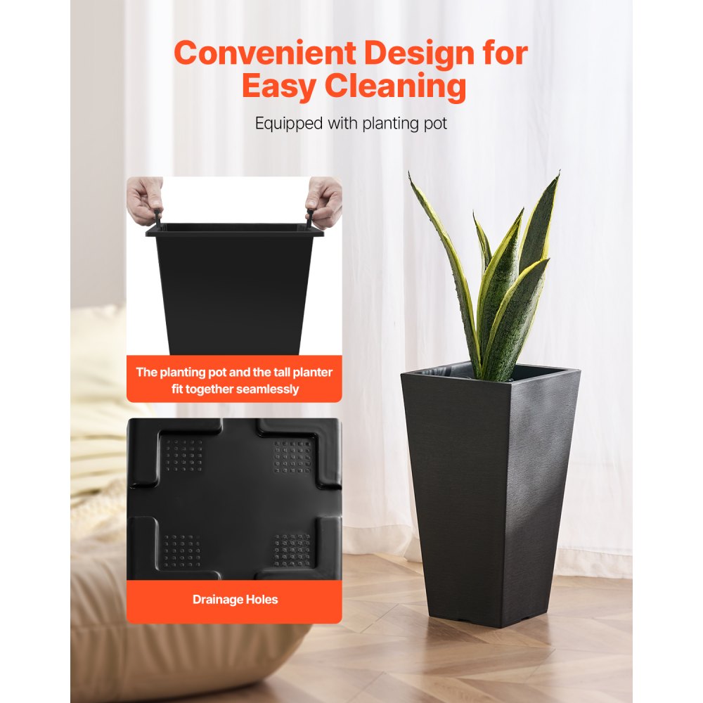 VEVOR Jardineras Altas de 570 mm 2 Piezas Jardineras Grandes para Plantas Jardineras Cuadradas Cónicas para Porche Delantero Macetas para Plantas de Árboles Diseño Moderno Drenaje Incorporado, Negro