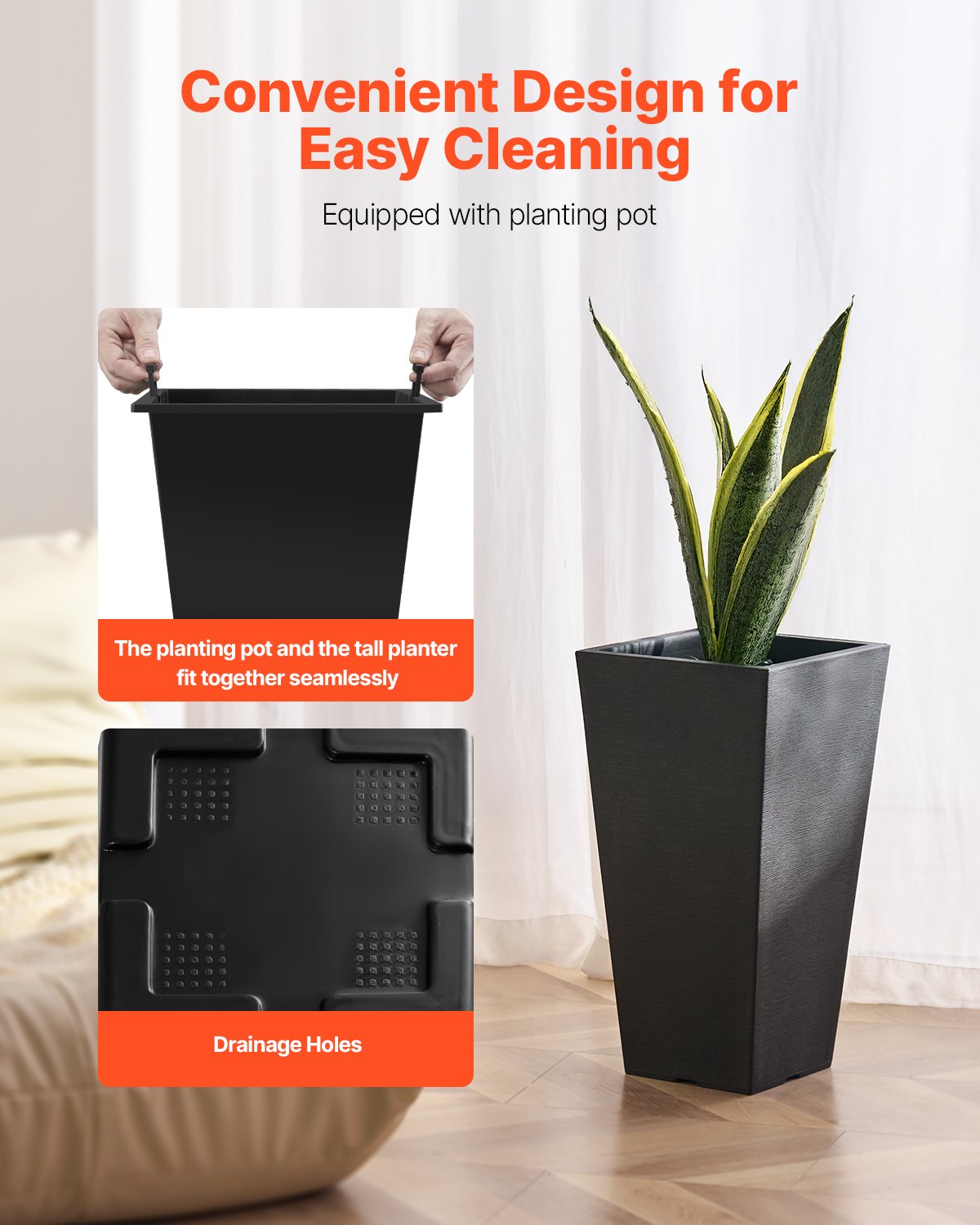 VEVOR Jardineras Altas de 570 mm 2 Piezas Jardineras Grandes para Plantas Jardineras Cuadradas Cónicas para Porche Delantero Macetas para Plantas de Árboles Diseño Moderno Drenaje Incorporado, Negro