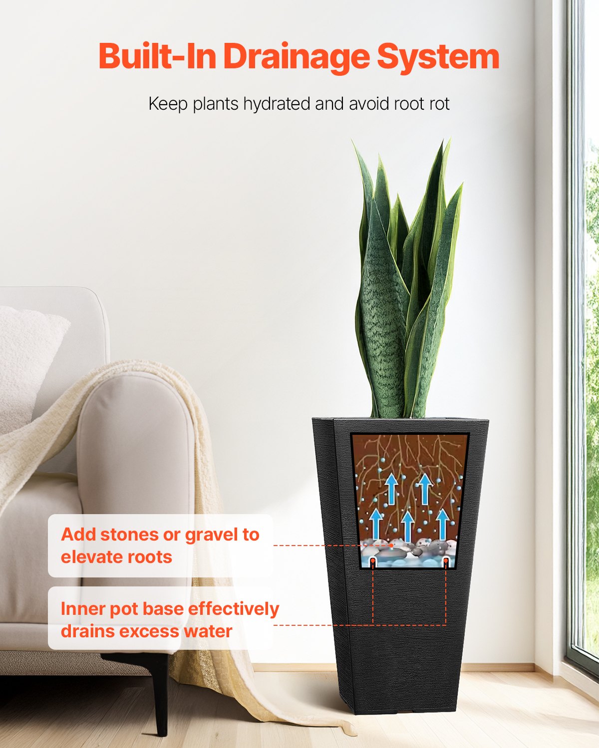 VEVOR Jardineras Altas de 570 mm 2 Piezas Jardineras Grandes para Plantas Jardineras Cuadradas Cónicas para Porche Delantero Macetas para Plantas de Árboles Diseño Moderno Drenaje Incorporado, Negro