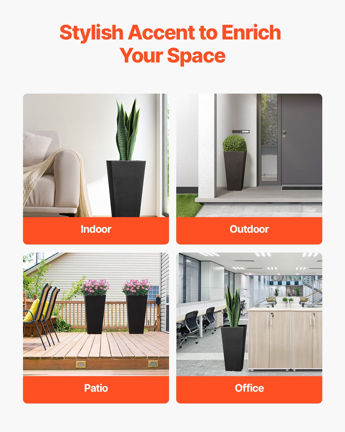 VEVOR Jardineras Altas de 570 mm 2 Piezas Jardineras Grandes para Plantas Jardineras Cuadradas Cónicas para Porche Delantero Macetas para Plantas de Árboles Diseño Moderno Drenaje Incorporado, Negro