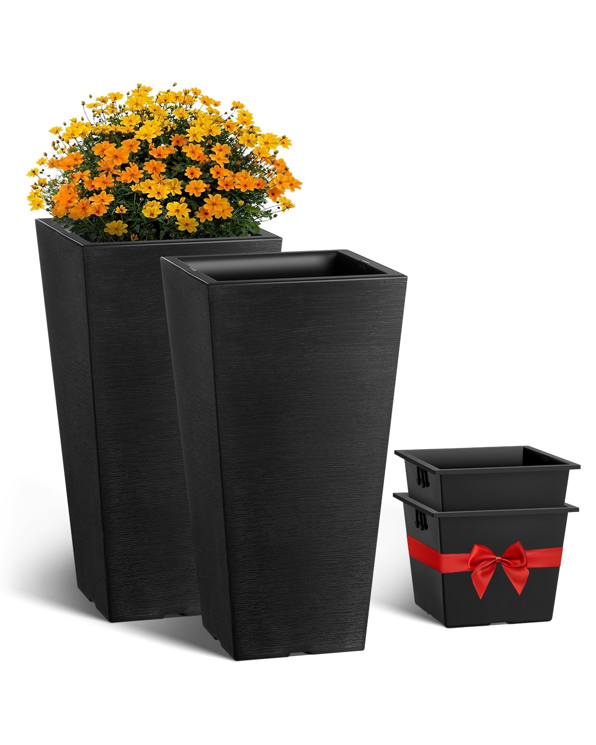 VEVOR Jardineras Altas de 570 mm 2 Piezas Jardineras Grandes para Plantas Jardineras Cuadradas Cónicas para Porche Delantero Macetas para Plantas de Árboles Diseño Moderno Drenaje Incorporado, Negro