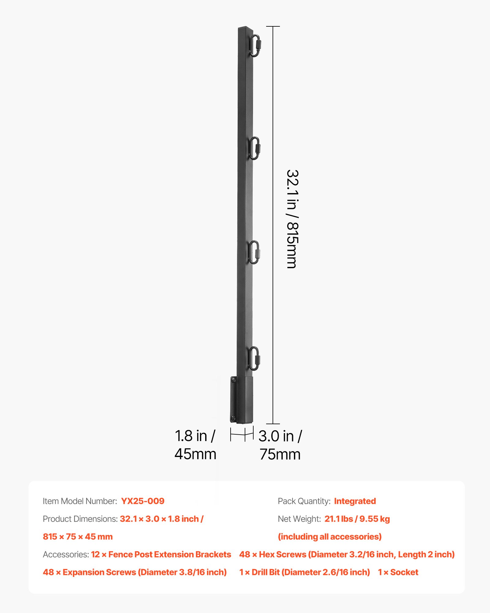 VEVOR Brazo de Extensión de Alambre de Púas, 12 Paquetes Extensores de Postes de Cerca de 815 mm, Extensor de Columna Cuadrada de Cerca de Acero Resistente para Evitar que Las Mascotas Salten