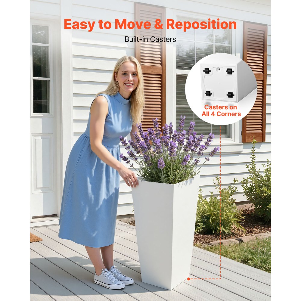 VEVOR Macetas Altas para Plantas 655 mm, 2 Unidades, Maceteros Grandes para Interior y Exterior, con Ruedas con Freno Tapón de Drenaje Depósito, Decoración para Jardín Porche Salón Oficina, Blanco