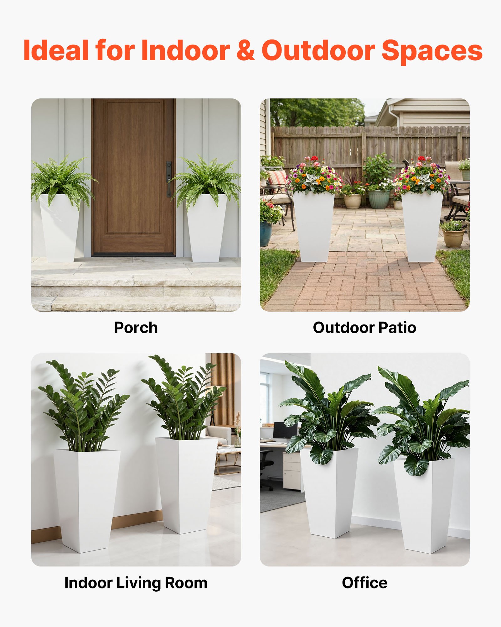 VEVOR Macetas Altas para Plantas 655 mm, 2 Unidades, Maceteros Grandes para Interior y Exterior, con Ruedas con Freno Tapón de Drenaje Depósito, Decoración para Jardín Porche Salón Oficina, Blanco