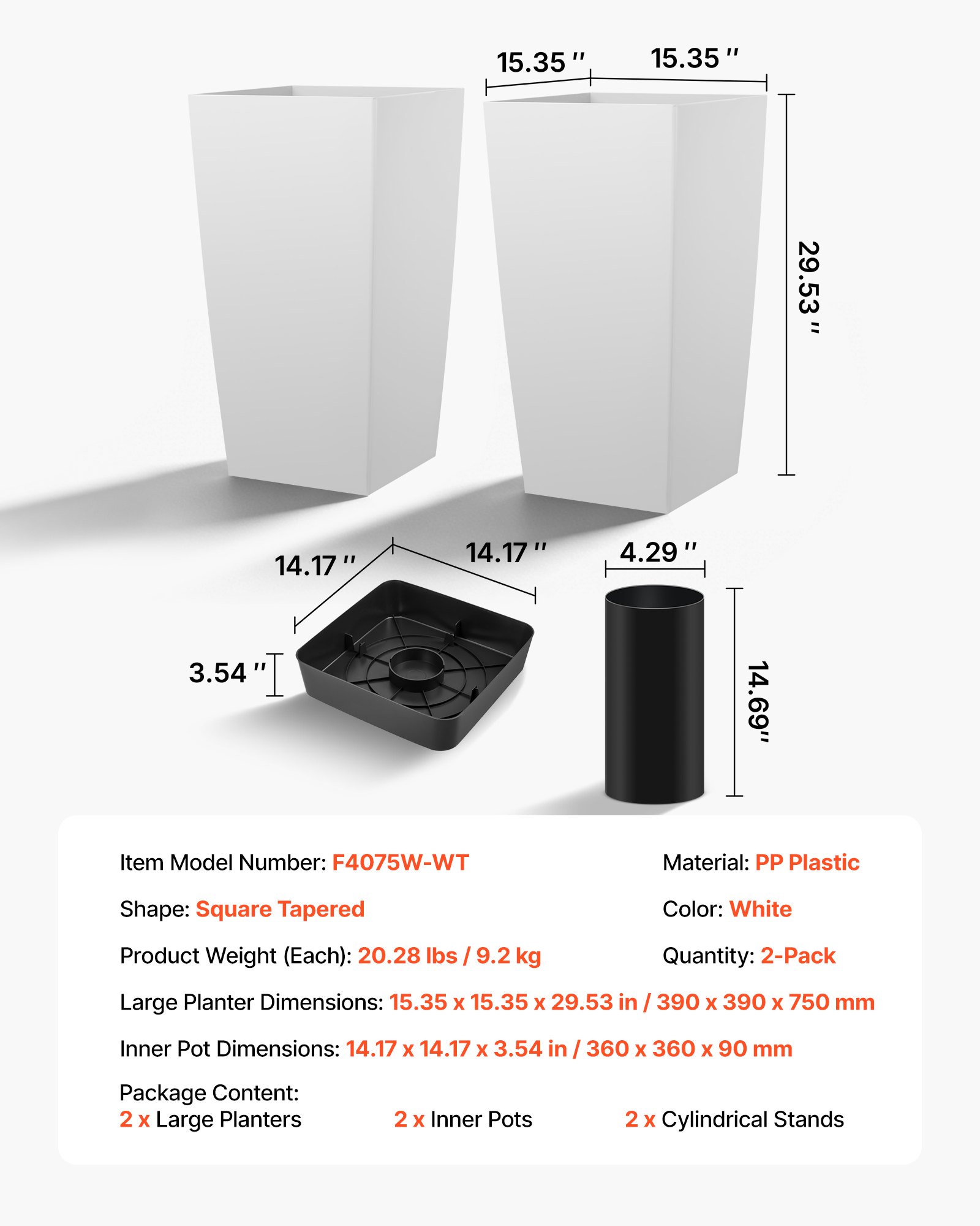 VEVOR Macetas Altas para Plantas 750 mm, Paquete de 2 Piezas, Maceteros Grandes para Interior y Exterior, con Ruedas Depósito, Diseño Moderno, Plástico, Decoración para Jardín Patio Hogar, Blanco