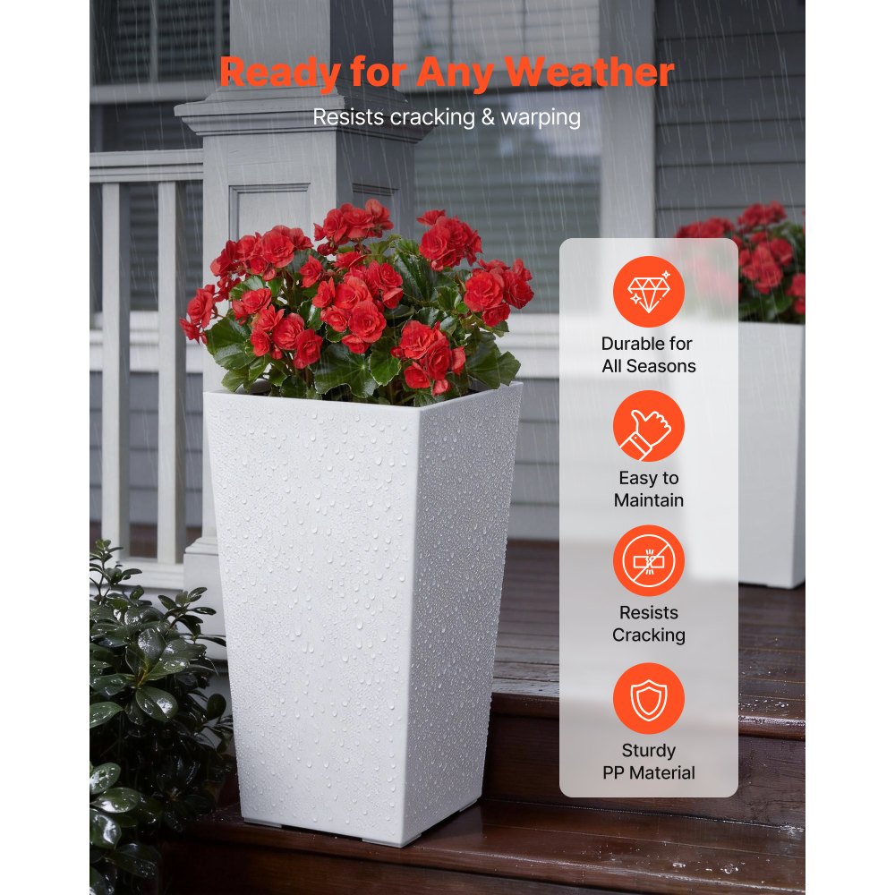 VEVOR Macetas Altas para Plantas 550 mm, Paquete de 2 Piezas, Maceteros Grandes para Interior y Exterior, Cónico Cuadrado, con Depósito, Diseño Moderno, Plástico, Decoración para Jardín Hogar, Blanco