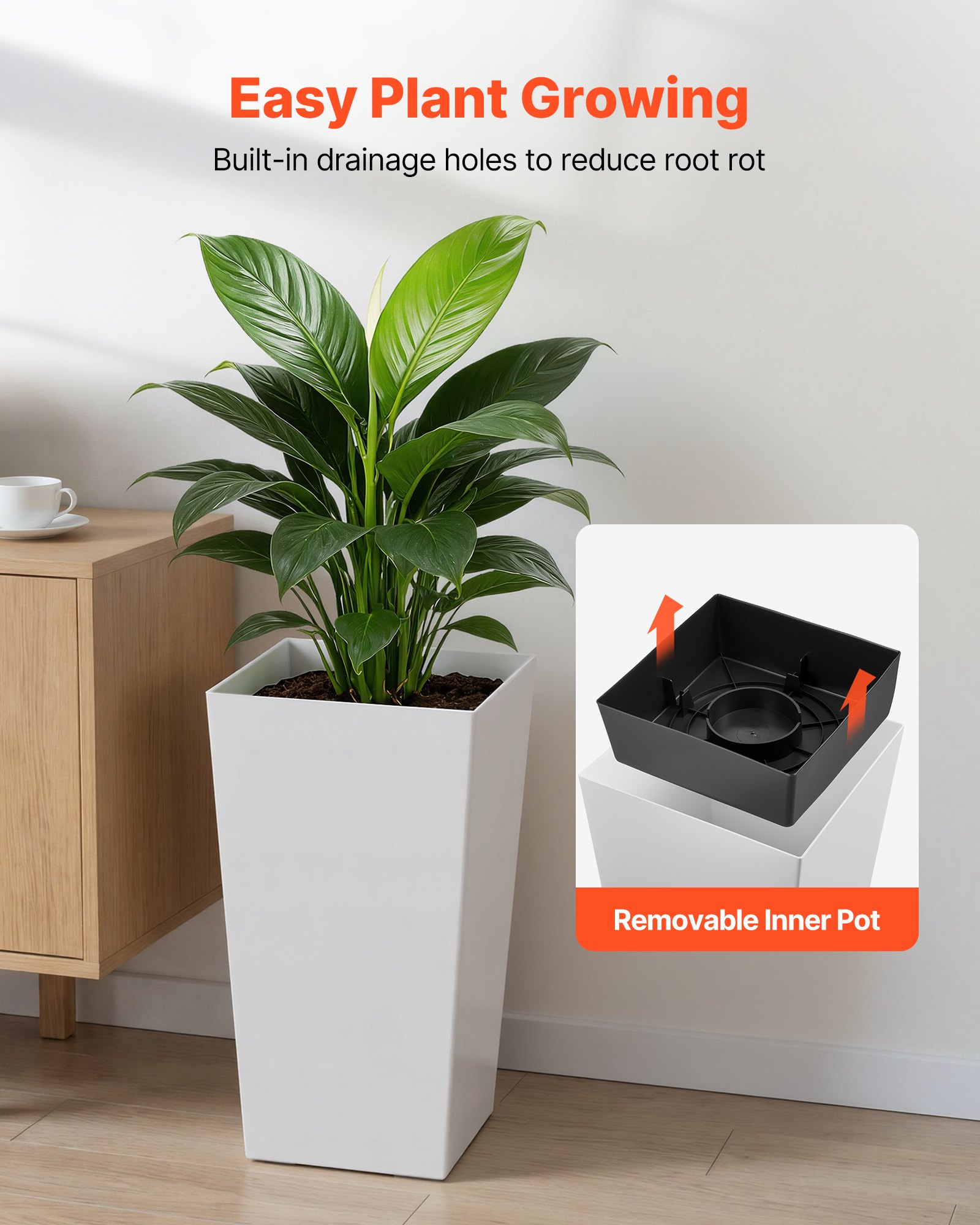 VEVOR Macetas Altas para Plantas 550 mm, Paquete de 2 Piezas, Maceteros Grandes para Interior y Exterior, Cónico Cuadrado, con Depósito, Diseño Moderno, Plástico, Decoración para Jardín Hogar, Blanco