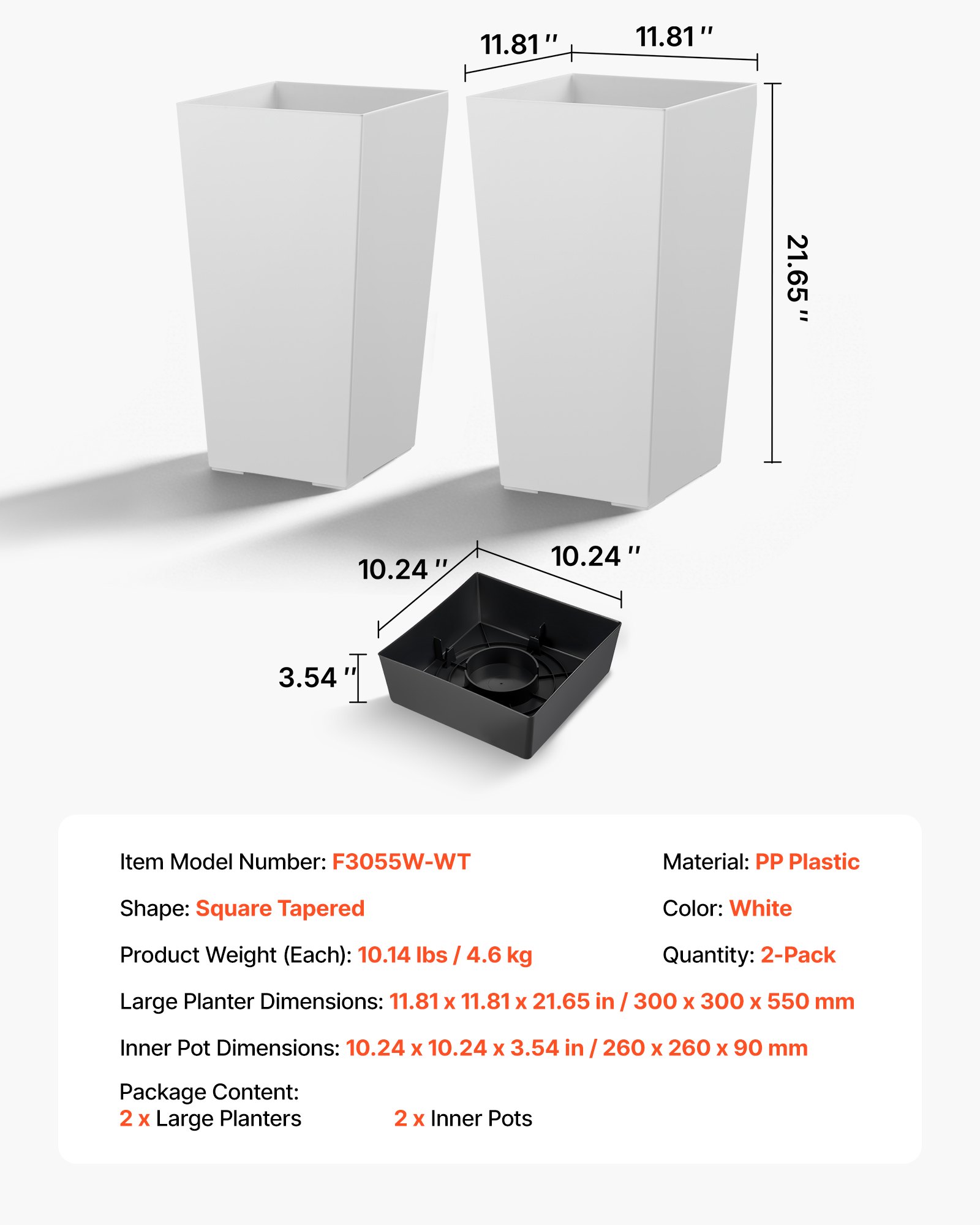 VEVOR Macetas Altas para Plantas 550 mm, Paquete de 2 Piezas, Maceteros Grandes para Interior y Exterior, Cónico Cuadrado, con Depósito, Diseño Moderno, Plástico, Decoración para Jardín Hogar, Blanco