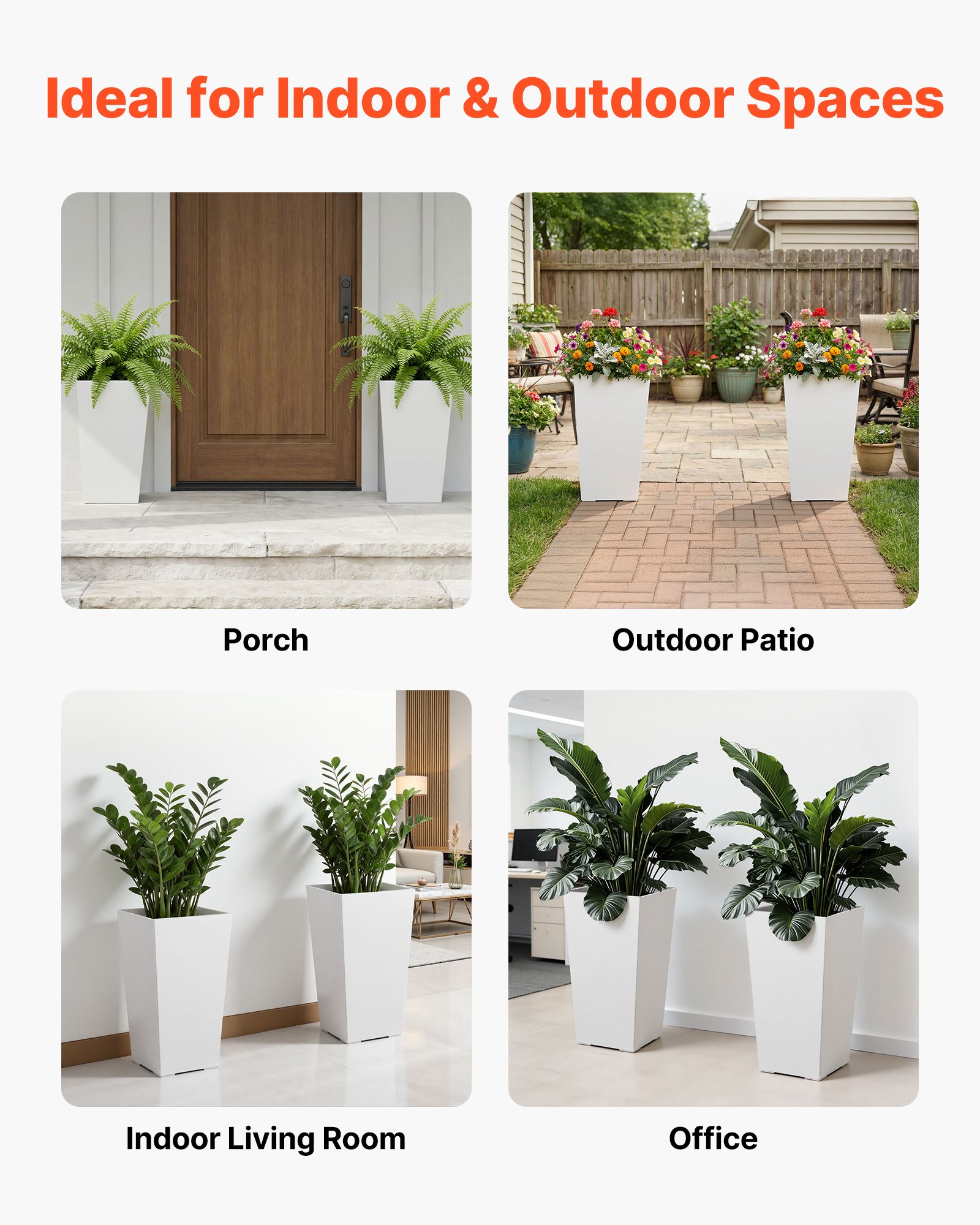 VEVOR Macetas Altas para Plantas 550 mm, Paquete de 2 Piezas, Maceteros Grandes para Interior y Exterior, Cónico Cuadrado, con Depósito, Diseño Moderno, Plástico, Decoración para Jardín Hogar, Blanco