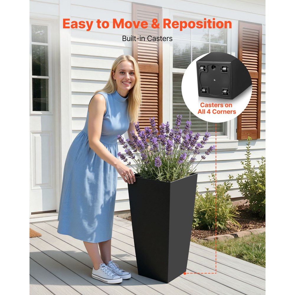 VEVOR Macetas Altas para Plantas 655 mm, Juego de 2 Piezas, Maceteros Grandes para Interior y Exterior, Cónico Cuadrado, con Ruedas Depósito Drenaje, Decoración para Jardín Porche Salón Oficina, Negro