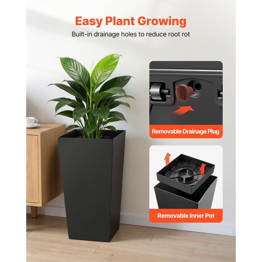 VEVOR Macetas Altas para Plantas 655 mm, Juego de 2 Piezas, Maceteros Grandes para Interior y Exterior, Cónico Cuadrado, con Ruedas Depósito Drenaje, Decoración para Jardín Porche Salón Oficina, Negro