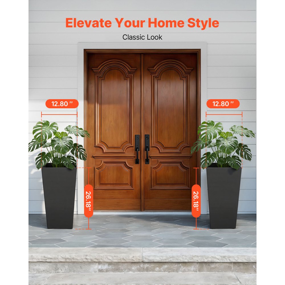 VEVOR Macetas Altas para Plantas 655 mm, Juego de 2 Piezas, Maceteros Grandes para Interior y Exterior, Cónico Cuadrado, con Ruedas Depósito Drenaje, Decoración para Jardín Porche Salón Oficina, Negro