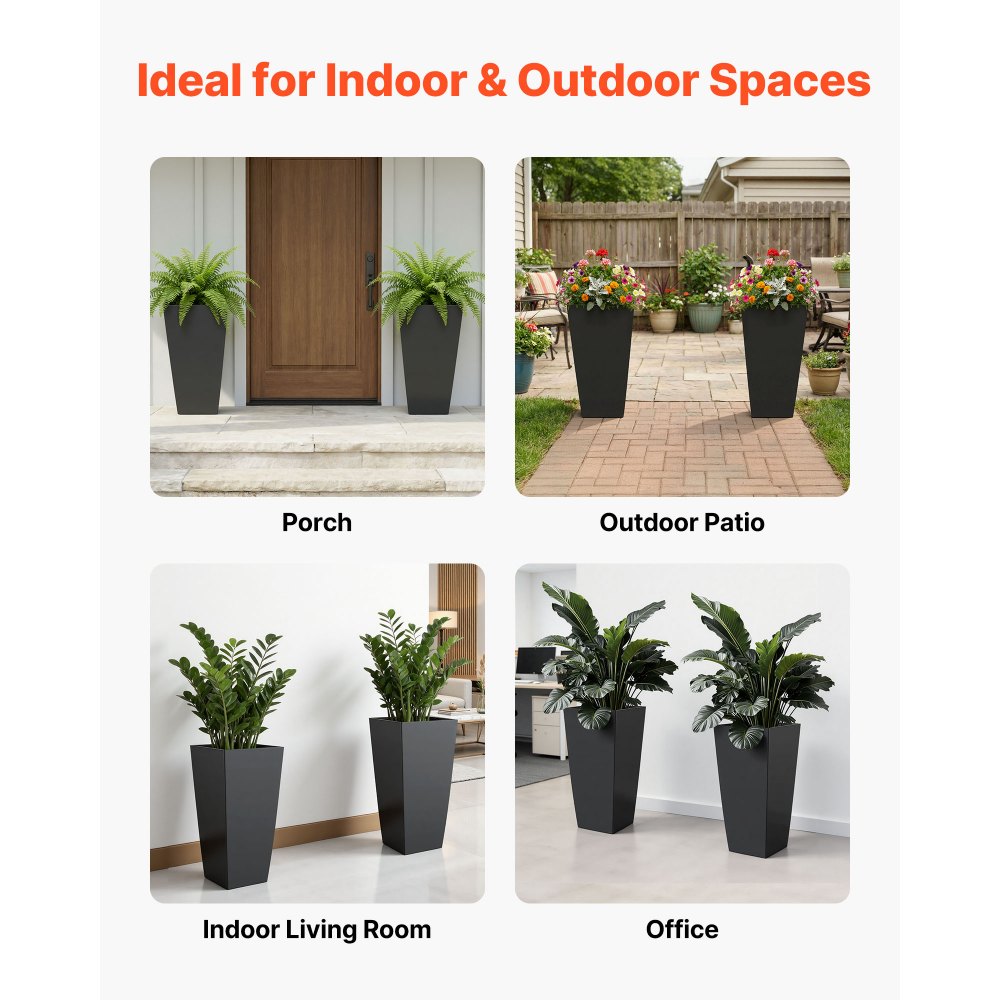 VEVOR Macetas Altas para Plantas 655 mm, Juego de 2 Piezas, Maceteros Grandes para Interior y Exterior, Cónico Cuadrado, con Ruedas Depósito Drenaje, Decoración para Jardín Porche Salón Oficina, Negro