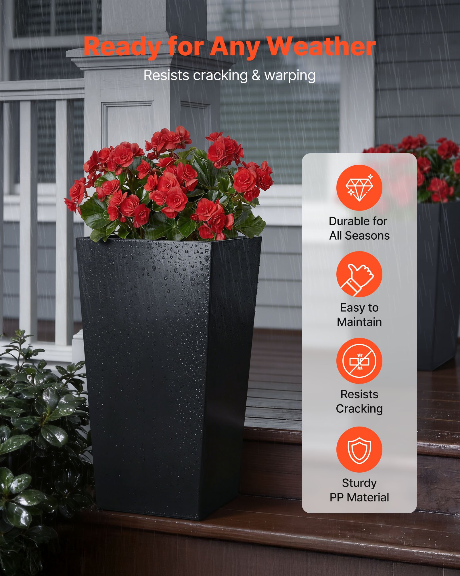 VEVOR Macetas Altas para Plantas 655 mm, Juego de 2 Piezas, Maceteros Grandes para Interior y Exterior, Cónico Cuadrado, con Ruedas Depósito Drenaje, Decoración para Jardín Porche Salón Oficina, Negro